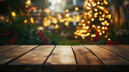 Poster - Wooden tabletop on terrace with a blurred background of a decorated Christmas tree lights and garden view offering ample copy space
