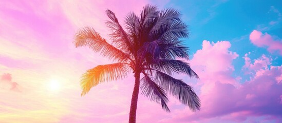 Poster - Palm Tree Against Sunset Pink Purple Blue Sky Tropical Resort Summer Vacation Pastel Colour Airly Sky