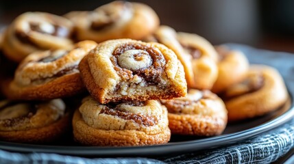 A plate full of delicious cinnamon roll cookies showing their soft, swirled texture, ready for enjoyment, perfect for a cozy snack or holiday treat.