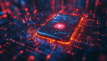 Fototapete - 3D rendering of a smartphone screen featuring a cybersecurity icon, surrounded by a digital wireframe backdrop, contemporary aesthetics, vibrant colors