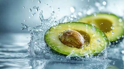 Aufkleber - Sliced avocado captured in freeze motion with splashing water on a white background