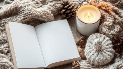 Aufkleber - Cozy arrangement featuring an open book mockup a white blank book a cup of coffee and a lit candle