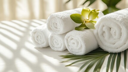 Aufkleber - Rolled white towels accompanied by a green leaf and flower set against an aesthetically pleasing light background embodying a theme of hospitality