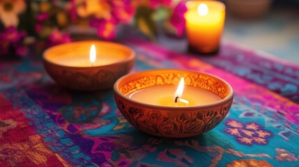 Aufkleber - Lit candles placed in a bowl on a vibrant tablecloth