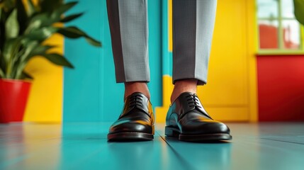 A pair of stylish black leather shoes stand poised on a vibrant, colorful modern floor, reflecting contemporary fashion and attention to detail in footwear design.