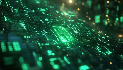 Aufkleber - 3D rendering of AI text against a dynamic green digital code backdrop, contemporary design, futuristic aesthetics, highimpact visuals