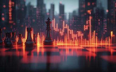 Aufkleber - 3D rendering of an abstract chessboard combined with a glowing candlestick forex chart on a blurred gray bokeh background, strategy and business planning concept, double exposure