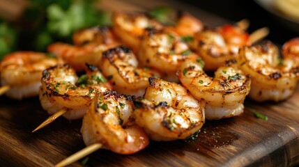 Poster - Close up of grilled shrimp skewers seasoned with herbs and spices on a wooden board ideal for gourmet barbecue and seafood presentations