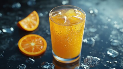 Poster - Freshly squeezed orange juice served over ice in a glass