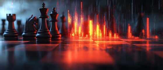 Aufkleber - 3D rendering of an abstract chessboard featuring a glowing growing candlestick forex chart, blurred gray bokeh background, strategic trade concept, double exposure