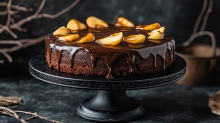 Poster - A chocolate cake topped with caramel glaze and caramelized apples elegantly displayed on a black cake stand with tree branches