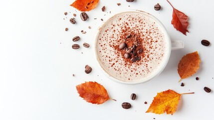 Poster - Cappuccino topped with cocoa powder and autumn leaves arranged on a white background in a flat lay perspective