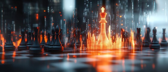 Aufkleber - 3D rendering of an abstract chessboard featuring a glowing growing candlestick forex chart, blurred gray bokeh background, strategic trade concept, double exposure