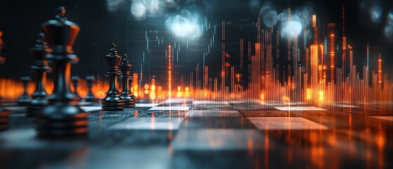 Aufkleber - 3D rendering of an abstract chessboard featuring a glowing growing candlestick forex chart, blurred gray bokeh background, strategic trade concept, double exposure