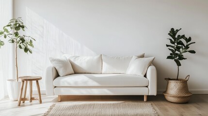 Aufkleber - White sofa on wooden floor in a minimalist Scandinavian inspired living room design