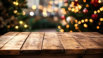 Poster - Wooden tabletop on terrace with a blurred background of a decorated Christmas tree lights and garden view offering ample copy space