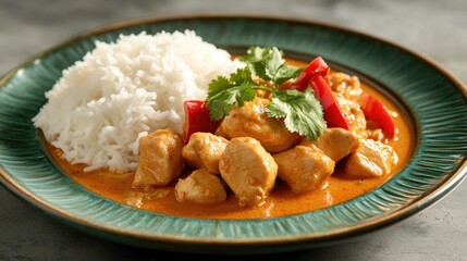 Poster - Red curry chicken served with steamed rice on a green plate set against a grey backdrop featuring a selective focus