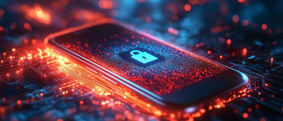 Fototapete - 3D visualization of a cybersecurity icon on a smartphone with a dynamic wireframe background, modern aesthetics, engaging and hightech design