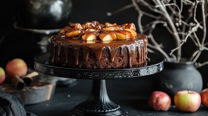 Poster - A chocolate cake topped with caramel glaze and caramelized apples elegantly displayed on a black cake stand with tree branches