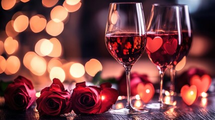 Aufkleber - Wine glasses roses and heart shaped bokeh lights in a banner format for a romantic celebration