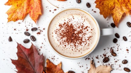 Poster - Cappuccino topped with cocoa powder and autumn leaves arranged on a white background in a flat lay perspective
