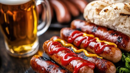 Poster - Sizzling sausages topped with ketchup and mustard served alongside a refreshing mug of beer