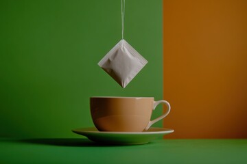 Poster - A tea bag is being gently dipped into a cup, creating a soothing moment on a striking green and orange background. Generative AI