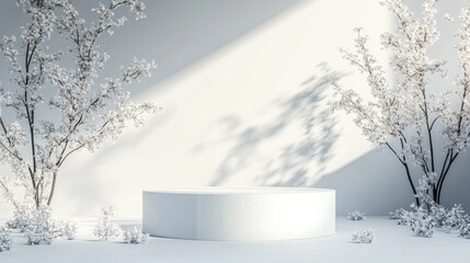 Aufkleber - Studio podium backdrop ideal for product display featuring a blank showcase mockup with natural elements perfect for cosmetic or beauty product promotion and enhanced by cinematic lighting