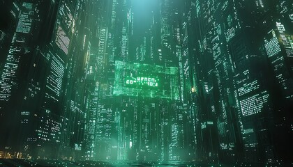 Aufkleber - 3D visualization of AI text over a green digital code background, modern aesthetics, techfocused design, engaging and vibrant visuals