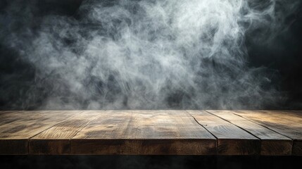 Poster - Empty wooden table with smoke rising against a dark backdrop