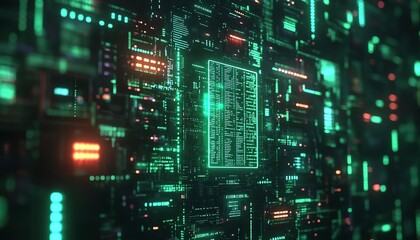 Aufkleber - 3D visualization of AI text over a green digital code background, modern aesthetics, techfocused design, engaging and vibrant visuals