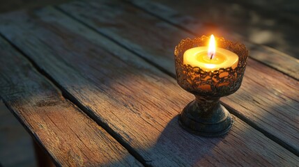 Aufkleber - A vintage scene features a lit candle in an ornate metal holder on a weathered wooden table creating a warm ambiance with soft shadows that evoke nostalgia