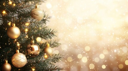 Aufkleber - Christmas tree adorned with golden baubles against a soft bokeh backdrop