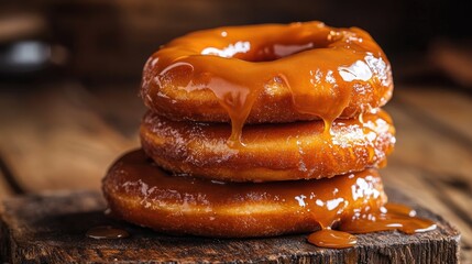 Aufkleber - A stack of caramel glazed donuts sits on a rustic wooden surface with rich caramel dripping down the sides offering an enticing and visually appealing treat
