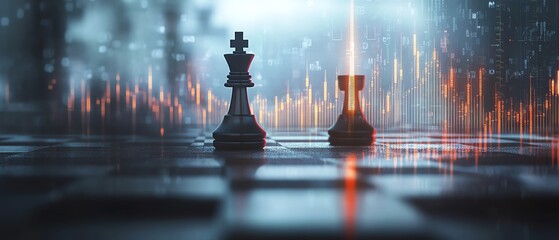 Poster - Abstract chessboard with a luminous growing candlestick forex chart, blurry gray bokeh backdrop, strategic trading concept, 3D rendering, double exposure