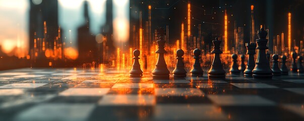 Poster - Abstract chessboard with a glowing candlestick forex chart overlay on a blurry gray bokeh background, 3D rendering, strategy and business planning concept, double exposure