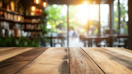 Aufkleber - Abstract blurred wooden table texture with a clean office window backdrop creating a serene atmosphere for a Christmas breakfast scene in a modern grocery shop illuminated by soft summer light