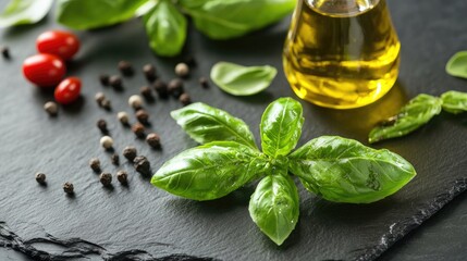 Poster - Fresh Basil Olive Oil and Pepper on a Dark Slate Surface