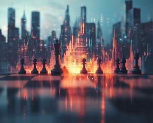 Poster - Abstract chessboard with a vibrant growing candlestick forex chart on a soft gray bokeh background, 3D rendering, business planning and strategy theme, double exposure