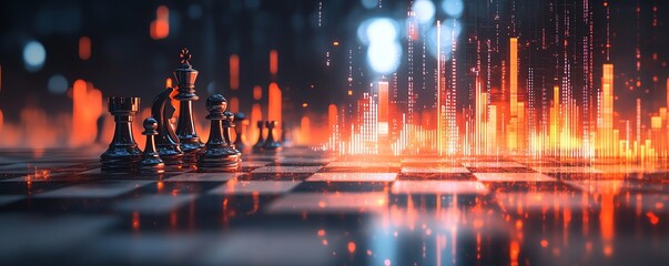 Poster - Abstract chessboard with a glowing candlestick forex chart overlay on a blurry gray bokeh background, 3D rendering, strategy and business planning concept, double exposure