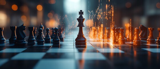 Poster - Abstract chessboard with a luminous growing candlestick forex chart, blurry gray bokeh backdrop, strategic trading concept, 3D rendering, double exposure