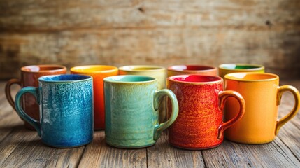 Poster - A set of vibrant ceramic mugs arranged on a rustic wooden table