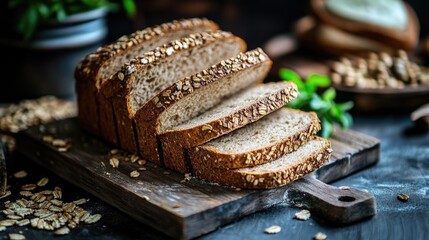 Aufkleber - Sliced whole grain bread displayed on a wooden table with a rustic dark backdrop
