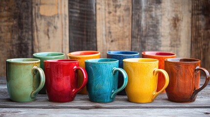 Poster - A set of vibrant ceramic mugs arranged on a rustic wooden table