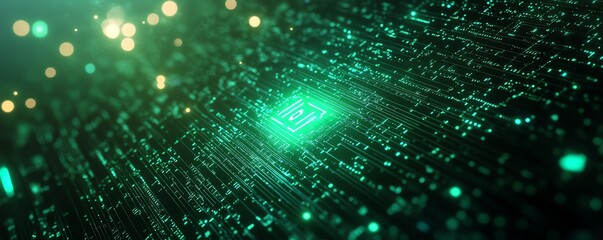 Aufkleber - AI text integrated with a green digital code background, 3D rendering, sleek and futuristic design, vibrant colors, hightech visuals