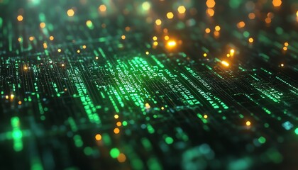 Aufkleber - AI text with glowing effects on a green digital code background, 3D rendering, sleek and modern design, techinspired visuals, vibrant colors