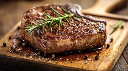 Poster - Juicy steak garnished with fresh rosemary on a wooden cutting board