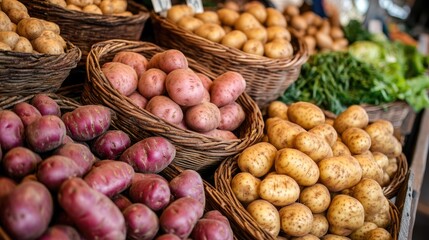 Aufkleber - Variety of potatoes displayed in a basket at a market