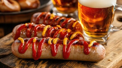 Poster - Sizzling sausages topped with ketchup and mustard served alongside a refreshing mug of beer