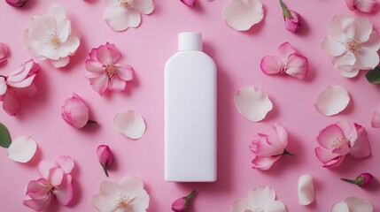 Poster - Minimalist shampoo bottle with an empty white label set against a pink background adorned with petals and peach blossoms